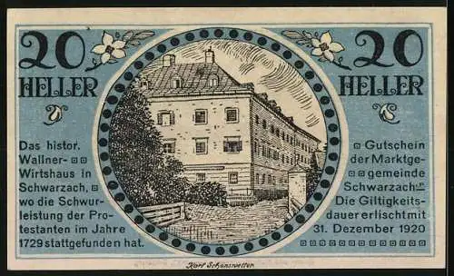 Notgeld Schwarzach 1920, 20 Heller, Landschaft und historisches Wirtshaus Wallner