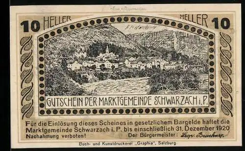 Notgeld Schwarzach 1920, 10 Heller, Landschaftsansicht und Stadtansicht im Kreis, mit Text und floralen Elementen