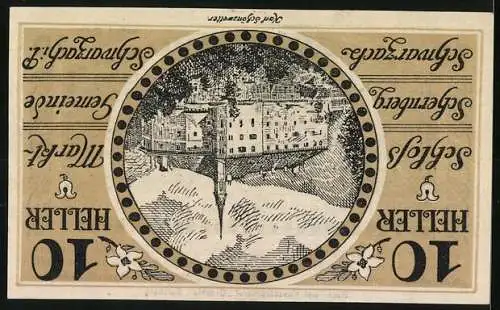 Notgeld Schwarzach 1920, 10 Heller, Landschaftsansicht und Stadtansicht im Kreis, mit Text und floralen Elementen