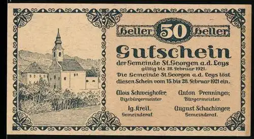 Notgeld St. Georgen a.d. Leys 1921, 50 Heller, Kirche und Landschaftsmotiv