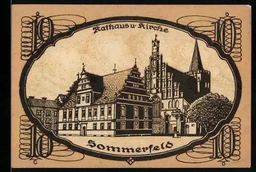 Notgeld Sommerfeld 1920, 10 Pfennig, Rathaus und Kirche, Stadtwappen