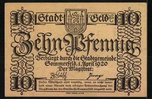 Notgeld Sommerfeld 1920, 10 Pfennig, Rathaus und Kirche, Stadtwappen