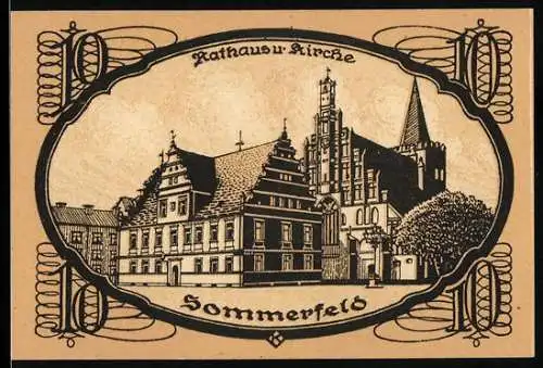 Notgeld Sommerfeld 1920, 10 Pfennig, Rathaus und Kirche, Wappen und Unterschriften