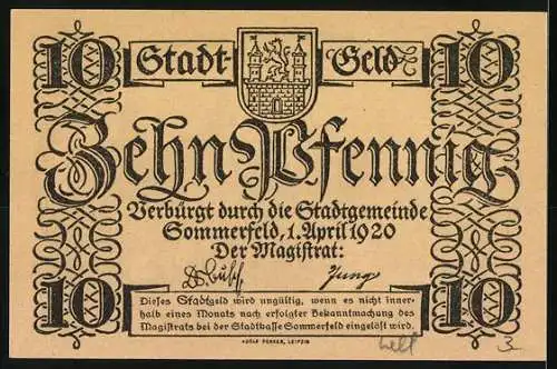 Notgeld Sommerfeld 1920, 10 Pfennig, Rathaus und Kirche, Wappen und Unterschriften