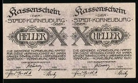 Notgeld Korneuburg 1920, 2x 10 Heller, Kassenschein mit Garantie der Gemeinde, Unterschriften des Bürgermeisters