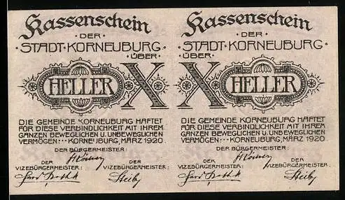 Notgeld Korneuburg 1920, 2x 10 Heller, Kassenschein mit Garantieerklärung der Stadtgemeinde