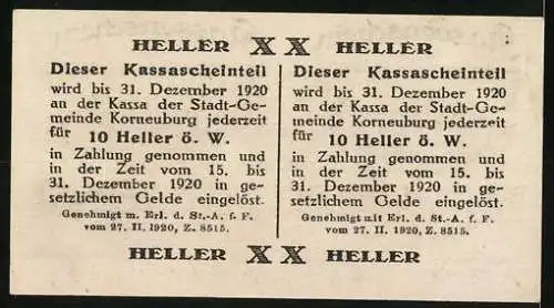 Notgeld Korneuburg 1920, 2x 10 Heller, Kassenschein mit Garantieerklärung der Stadtgemeinde