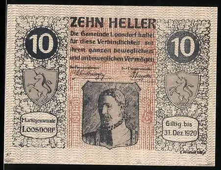 Notgeld Loosdorf 1920, 10 Heller, Porträt und Wappen mit Gültigkeitstext