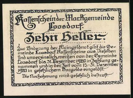 Notgeld Loosdorf 1920, 10 Heller, Porträt und Wappen mit Gültigkeitstext