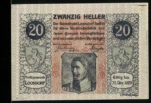 Notgeld Loosdorf 1920, 20 Heller, Wappen mit Porträt und Text, gültig bis 31. Dez. 1920