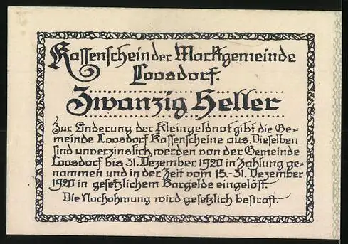 Notgeld Loosdorf 1920, 20 Heller, Wappen mit Porträt und Text, gültig bis 31. Dez. 1920