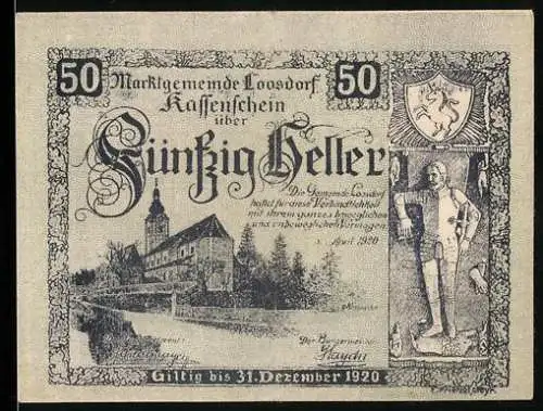 Notgeld Loosdorf 1920, 50 Heller, Kirche und Ritter, Wappen und Gültigkeitstext