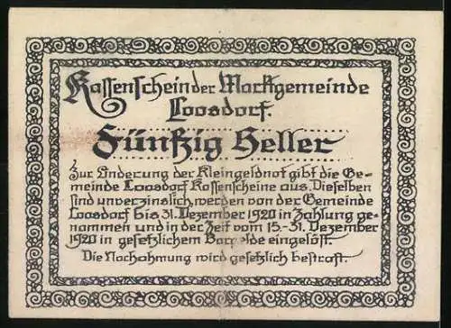 Notgeld Loosdorf 1920, 50 Heller, Kirche und Ritter, Wappen und Gültigkeitstext