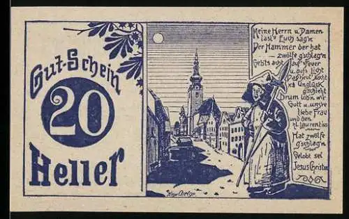 Notgeld Gramastetten 1920, 20 Heller, nächtliche Stadtansicht mit Mönch und religiösem Spruch