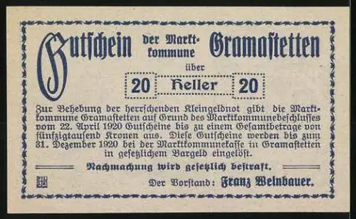 Notgeld Gramastetten 1920, 20 Heller, nächtliche Stadtansicht mit Mönch und religiösem Spruch