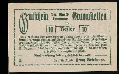 Notgeld Gramastetten 1920, 10 Heller, Ruine Lichtenhag