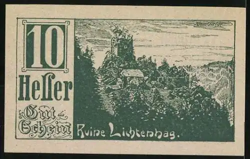 Notgeld Gramastetten 1920, 10 Heller, Ruine Lichtenhag