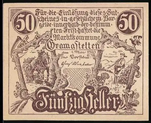 Notgeld Gramastetten 1920, 50 Heller, ländliche Szene mit Pferd und Bauer, Dorflandschaft und Wappen