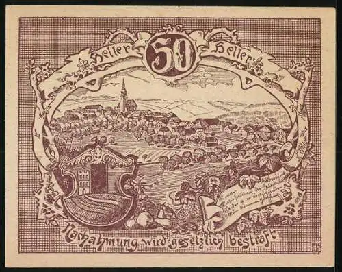 Notgeld Gramastetten 1920, 50 Heller, ländliche Szene mit Pferd und Bauer, Dorflandschaft und Wappen