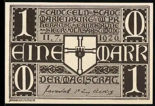 Notgeld Marienburg / Westpreussen 1920, 1 Mark, Stadtwappen und mittelalterliche Ritterszene mit Burg im Hintergrund