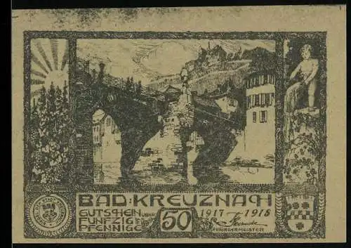 Notgeld Bad Kreuznach 1917-1918, 50 Pfennig, Brücke und Porträts, Stadtwappen, Seriennummer vorhanden