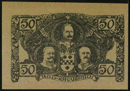 Notgeld Bad Kreuznach 1917-1918, 50 Pfennig, Brücke und Porträts, Stadtwappen, Seriennummer vorhanden