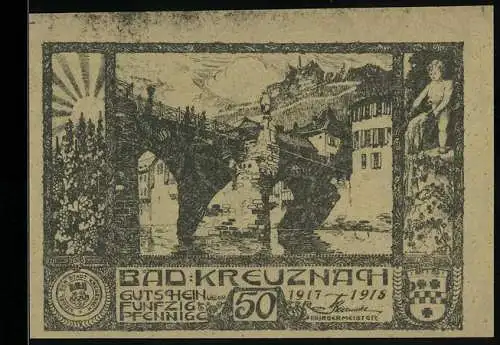 Notgeld Bad Kreuznach 1917-1918, 50 Pfennig, Brücke und Porträts, Wappen und Sonnenaufgang, Seriennummer und Stadtwappen