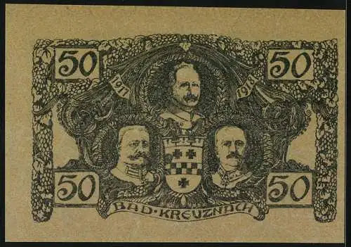 Notgeld Bad Kreuznach 1917-1918, 50 Pfennig, Brücke und Porträts, Wappen und Sonnenaufgang, Seriennummer und Stadtwappen