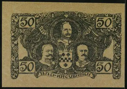 Notgeld Bad Kreuznach 1917-1918, 50 Pfennig, Stadtansicht und Porträts, Wappen, Seriennummer, Sonnenaufgang