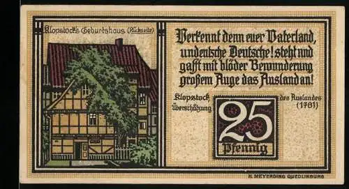 Notgeld Quedlinburg 1921, 25 Pfennig, Klopstocks Geburtshaus und Wappen mit Adler