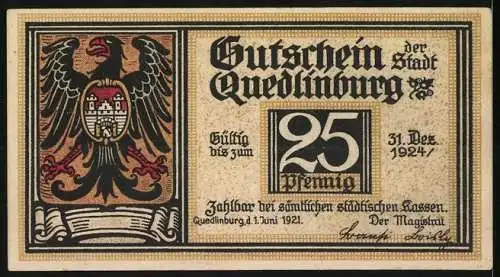 Notgeld Quedlinburg 1921, 25 Pfennig, Klopstocks Geburtshaus und Wappen mit Adler