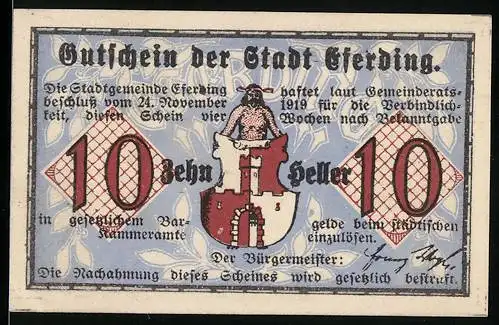 Notgeld Eferding 1919, 10 Heller, Stadtwappen und Blick durch das Linzer Tor um 1800