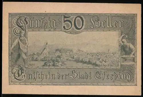 Notgeld Eferding 1920, 50 Heller, Stadtansicht mit Figuren und Textpassagen