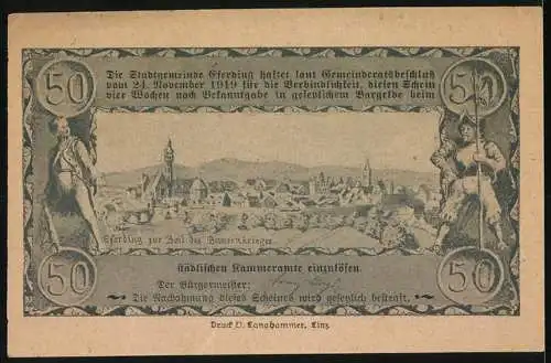 Notgeld Eferding 1920, 50 Heller, Stadtansicht mit Figuren und Textpassagen