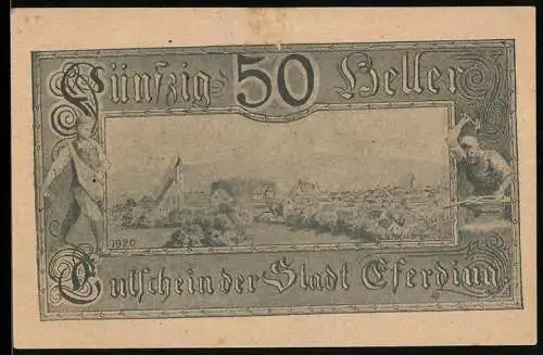 Notgeld Eferding 1920, 50 Heller, Stadtansicht und Krieger-Motive