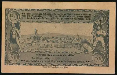 Notgeld Eferding 1920, 50 Heller, Stadtansicht und Krieger-Motive