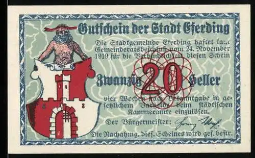 Notgeld Eferding 1919, 20 Heller, Stadttor und Stadtansicht mit Kirche und Vögeln, Wappen mit Löwe