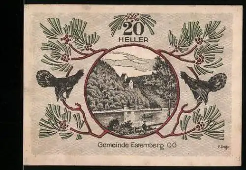 Notgeld Esternberg 1920, 20 Heller, Landschaft mit Berg und Fluss, Auerhähne und Tannenzweige