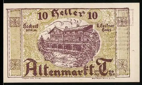 Notgeld Altenmarkt 1920, 10 Heller, Abbildung des k. Geisslerhauses und Textdetails