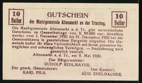 Notgeld Altenmarkt 1920, 10 Heller, Abbildung des k. Geisslerhauses und Textdetails