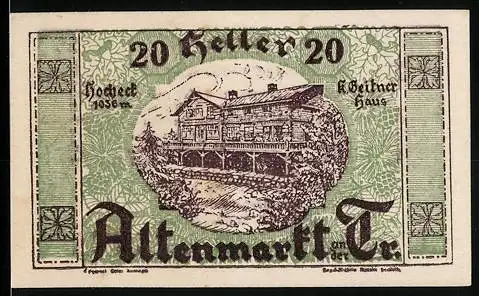 Notgeld Altenmarkt an der Triesting 1920, 20 Heller, Abbildung des Keltner Hauses vor Berglandschaft