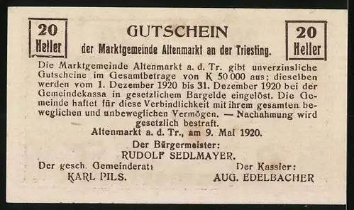 Notgeld Altenmarkt an der Triesting 1920, 20 Heller, Abbildung des Keltner Hauses vor Berglandschaft