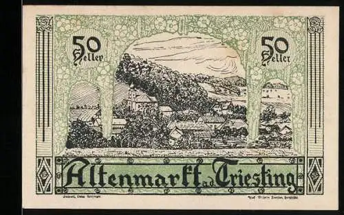 Notgeld Altenmarkt an der Triesting 1920, 50 Heller, Dorflandschaft mit Kirche und Bäumen