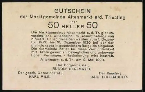 Notgeld Altenmarkt an der Triesting 1920, 50 Heller, Dorflandschaft mit Kirche und Bäumen