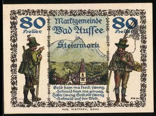 Notgeld Bad Aussee 1920, 80 Heller, Trachtenträger und Landschaft mit Wappen und Fisch