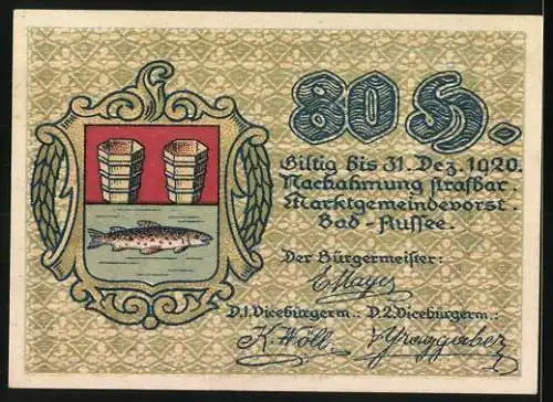 Notgeld Bad Aussee 1920, 80 Heller, Trachtenträger und Landschaft mit Wappen und Fisch