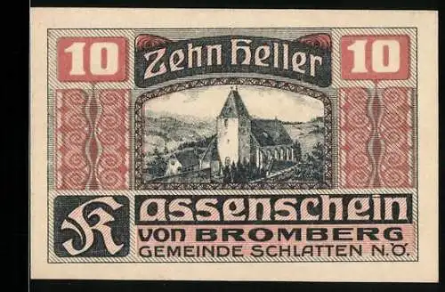 Notgeld Bromberg 1920, 10 Heller, Kirche und Gebäudeansicht, Gemeinde Schlatt N.Ö