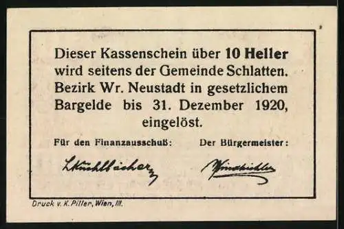 Notgeld Bromberg 1920, 10 Heller, Kirche und Gebäudeansicht, Gemeinde Schlatt N.Ö