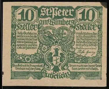 Notgeld St. Peter am Wimberg 1921, 10 Heller, Wappen und historische Szene mit Bauern und Sensen