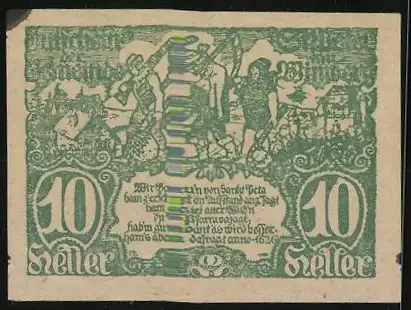 Notgeld St. Peter am Wimberg 1921, 10 Heller, Wappen und historische Szene mit Bauern und Sensen